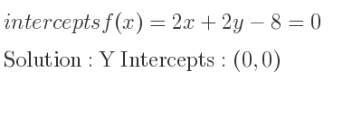 The intercepts of f(x)=2x+2y-8=0 is Y Intercepts: (0,0)